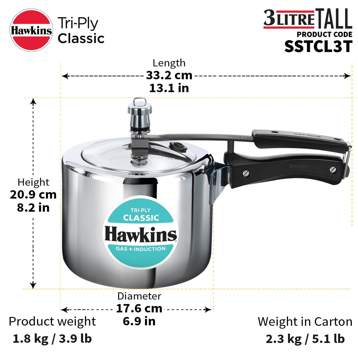 Hawkins Tri-Ply Classic Stainless Steel Pressure Cooker (3 Litre Tall, SSTCL3T) – Gas & Induction Compatible