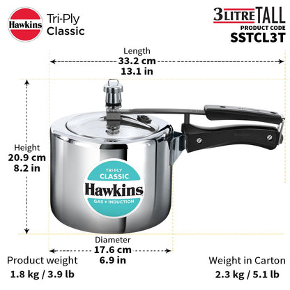 Hawkins Tri-Ply Classic Stainless Steel Pressure Cooker (3 Litre Tall, SSTCL3T) – Gas & Induction Compatible