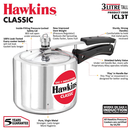 Hawkins Classic 3 Litre Tall Induction Compatible Aluminium Pressure Cooker (ICL3T, Silver)