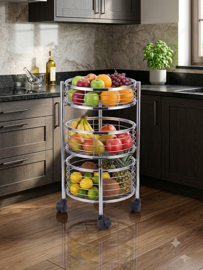 3 Tier Stainless Steel Round Kitchen Trolley with Rotating Baskets & Wheels | Multipurpose Fruit & Vegetable Storage Rack