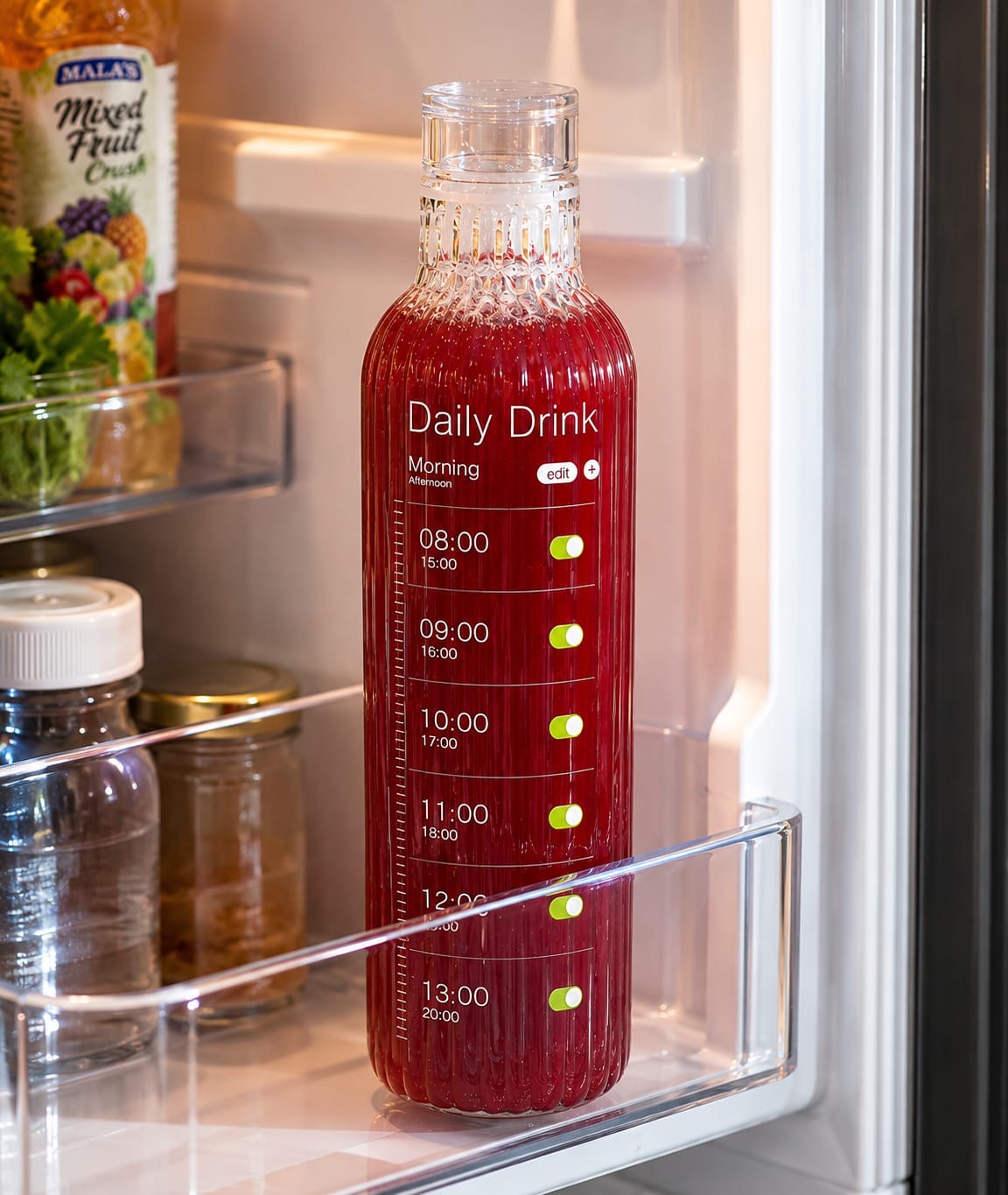 Premium Ribbed Glass Water Bottle with Hourly Time Markers | Clear Motivational Daily Drink Tracker