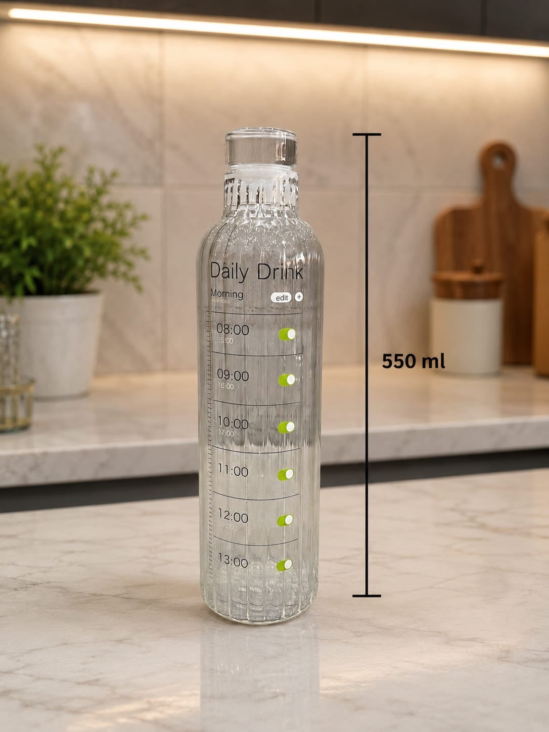 Premium Ribbed Glass Water Bottle with Hourly Time Markers | Clear Motivational Daily Drink Tracker