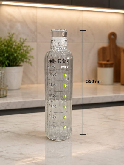 Premium Ribbed Glass Water Bottle with Hourly Time Markers | Clear Motivational Daily Drink Tracker