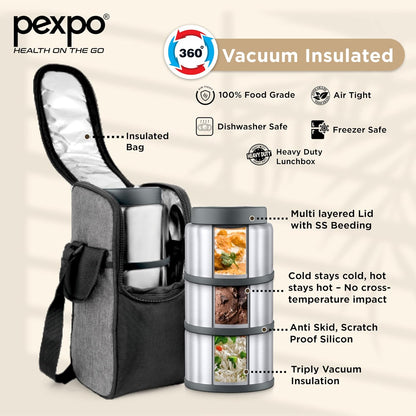 Pexpo Extreme Vacuum Insulated Stainless Steel Lunch Box with 2-Layer Insulated Bag | 3 Containers