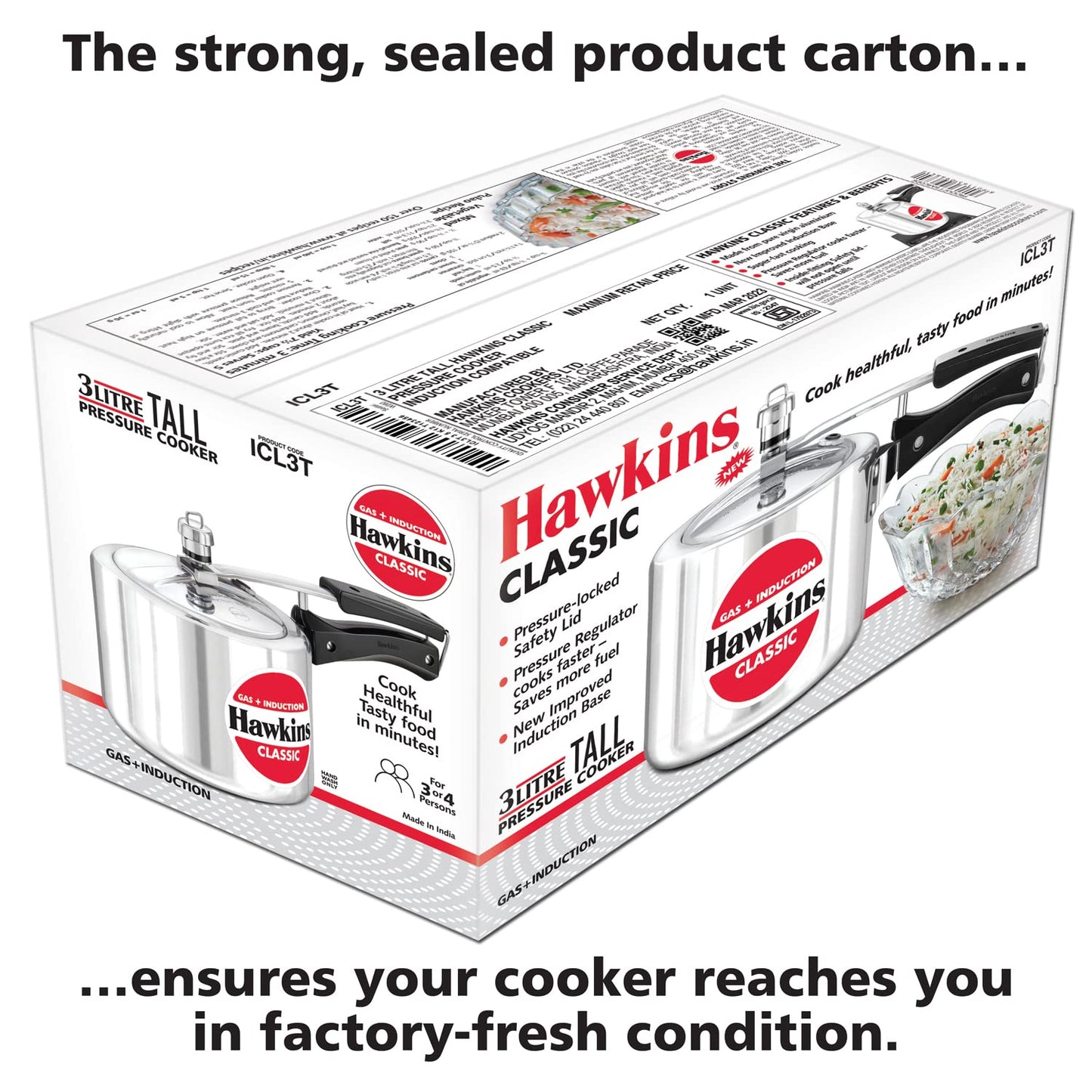 Hawkins Classic 3 Litre Tall Induction Compatible Aluminium Pressure Cooker (ICL3T, Silver)