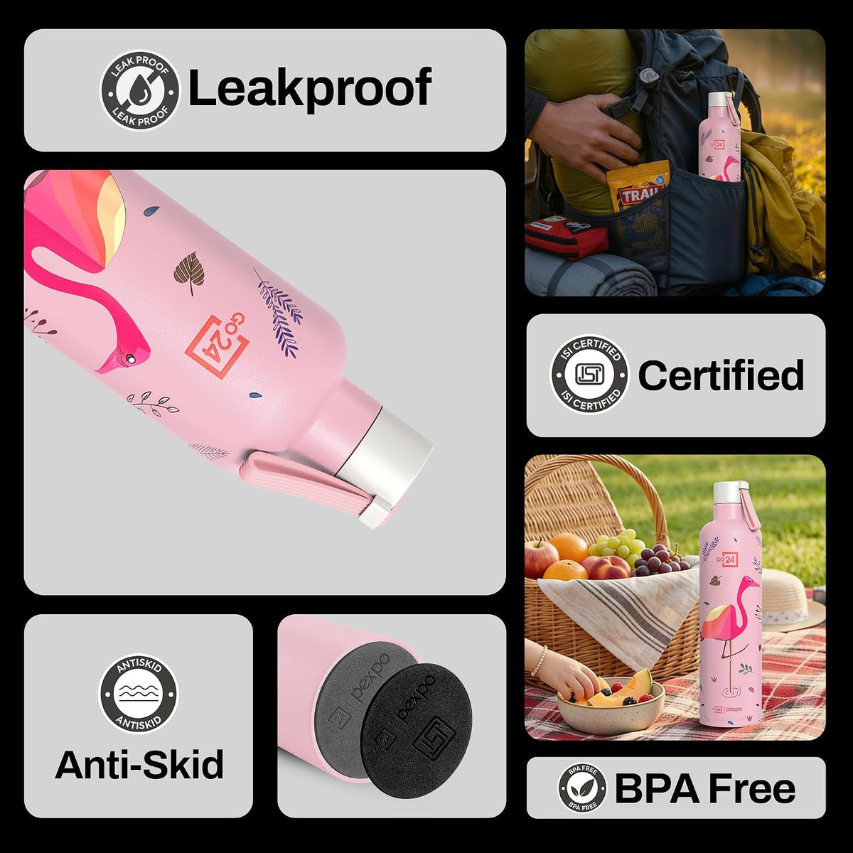 Pexpo Oslo Art 750 ml Vacuum Insulated Stainless Steel Bottle – Pink Flamingo