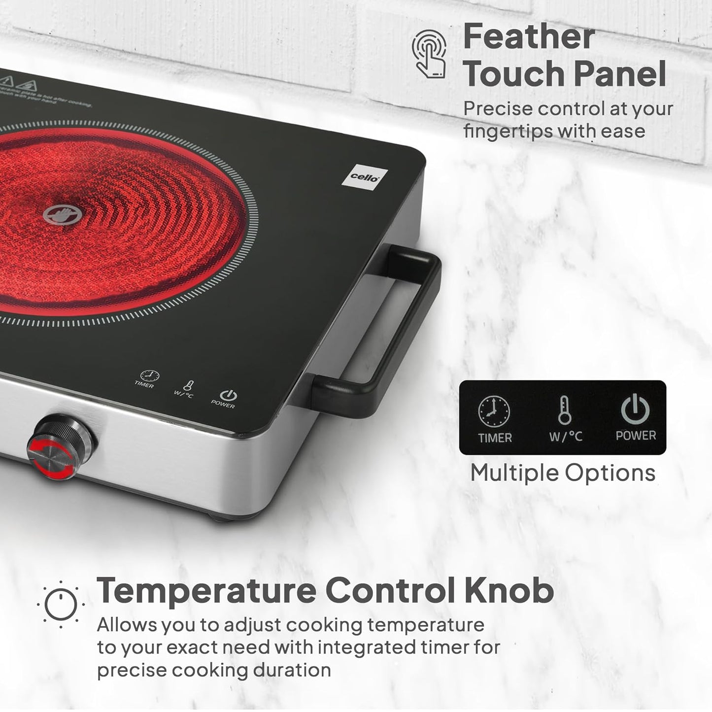 Cello 2200W Infrared Induction Cooktop – Portable Ceramic Cooker with Temperature Control Knob & Grill Grate