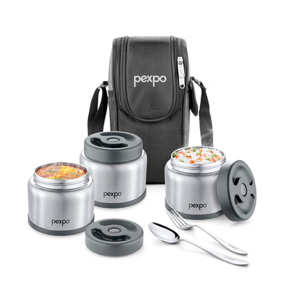 Pexpo Extreme Vacuum Insulated Stainless Steel Lunch Box with 2-Layer Insulated Bag | 3 Containers