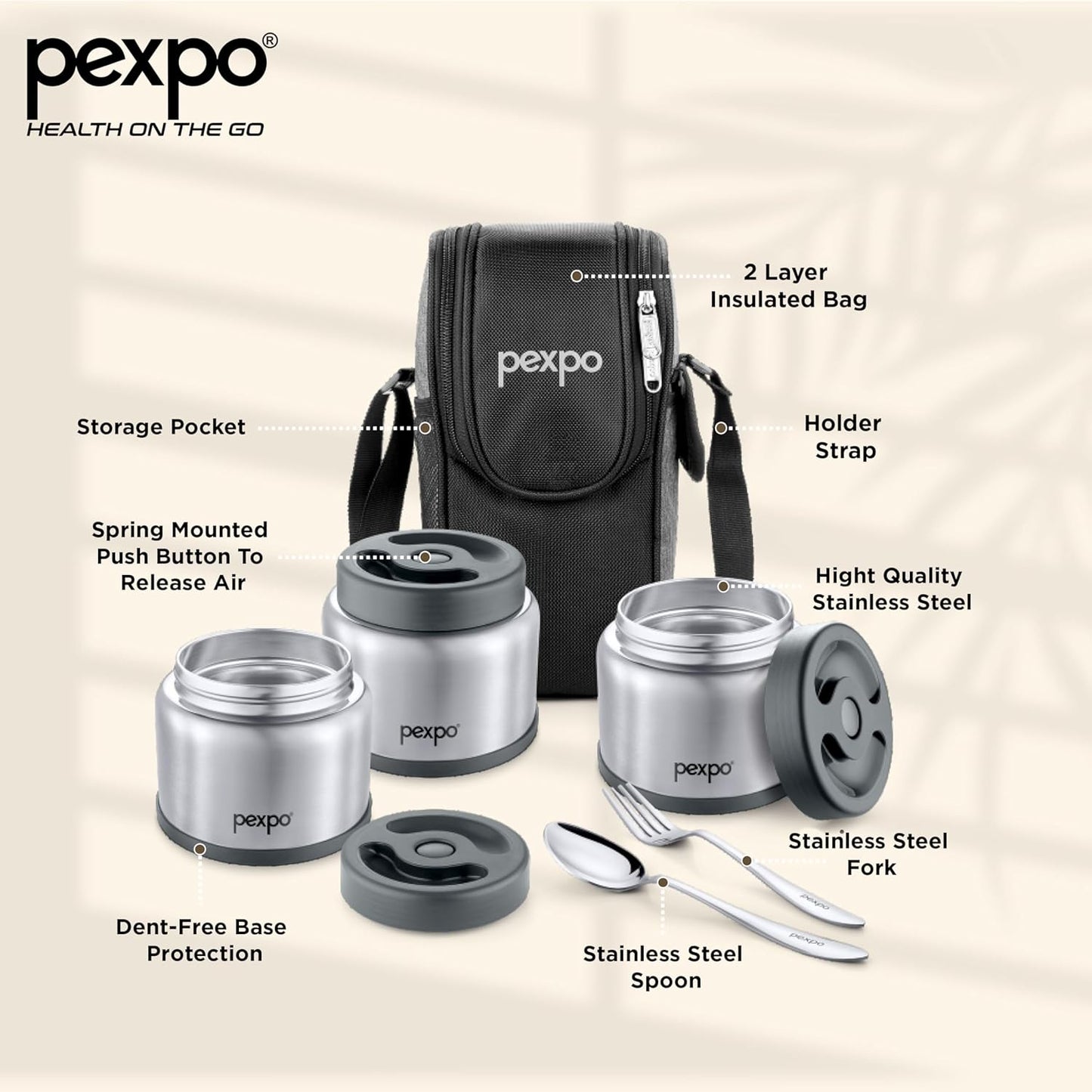 Pexpo Extreme Vacuum Insulated Stainless Steel Lunch Box with 2-Layer Insulated Bag | 3 Containers