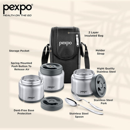 Pexpo Extreme Vacuum Insulated Stainless Steel Lunch Box with 2-Layer Insulated Bag | 3 Containers