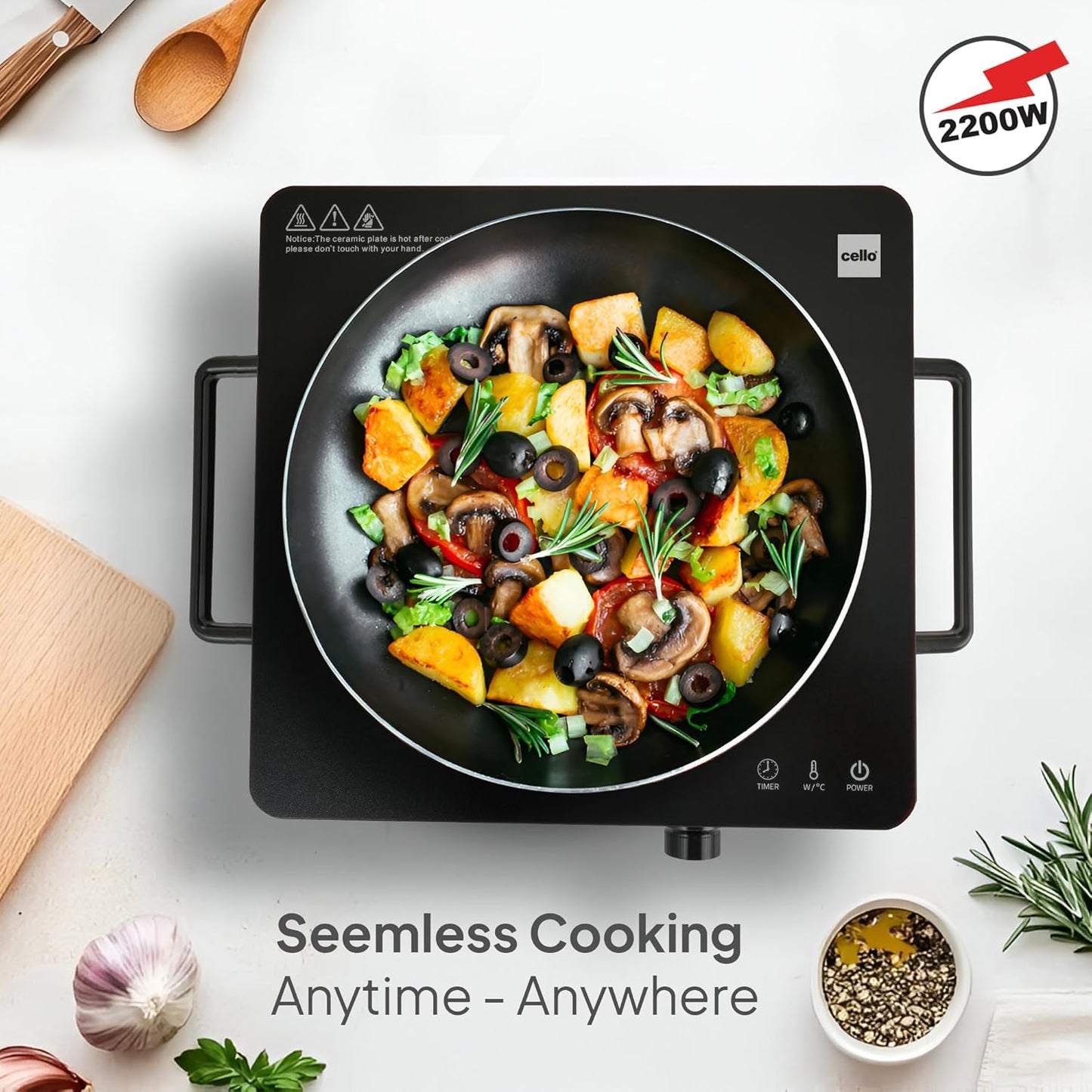 Cello 2200W Infrared Induction Cooktop – Portable Ceramic Cooker with Temperature Control Knob & Grill Grate
