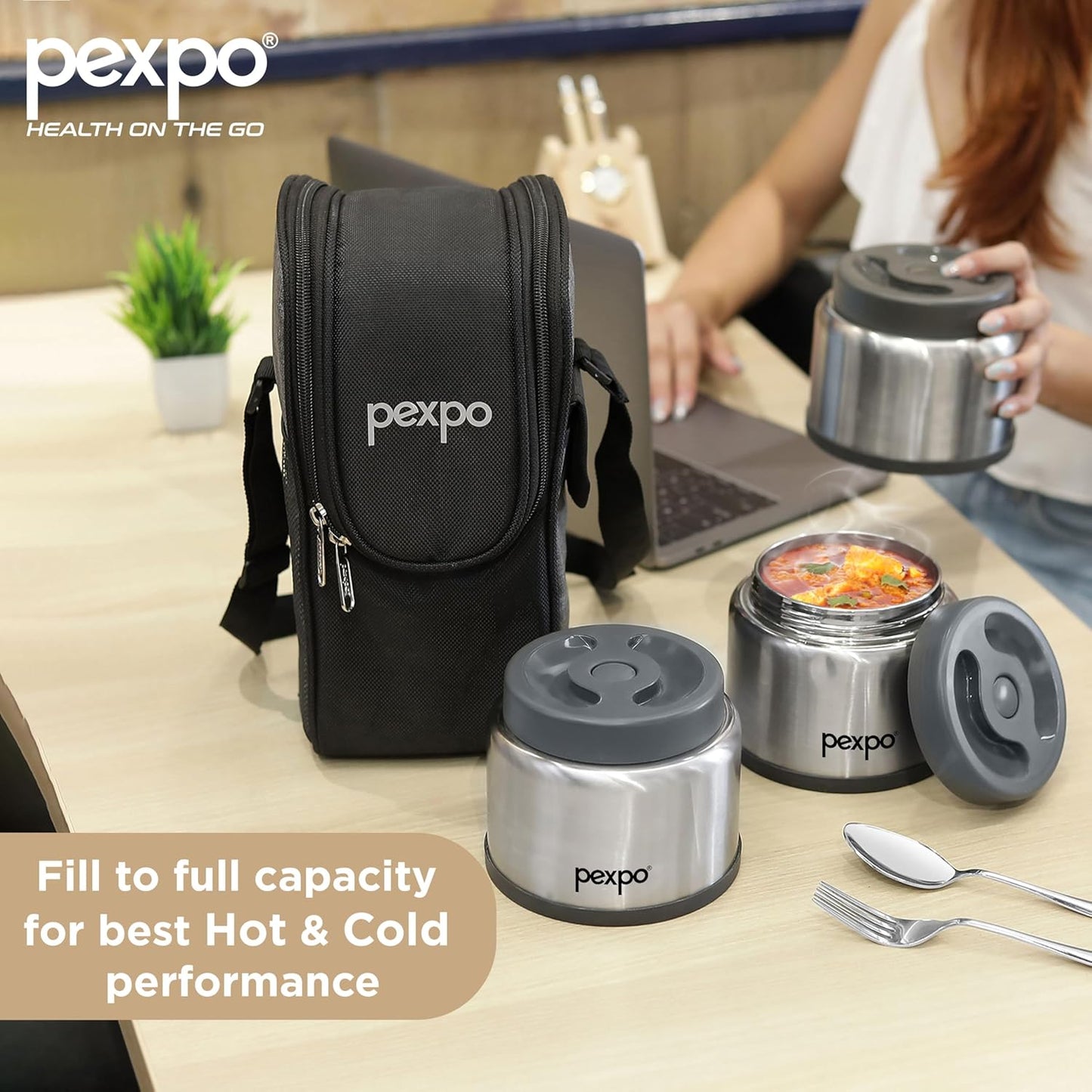 Pexpo Extreme Vacuum Insulated Stainless Steel Lunch Box with 2-Layer Insulated Bag | 3 Containers