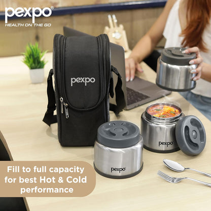 Pexpo Extreme Vacuum Insulated Stainless Steel Lunch Box with 2-Layer Insulated Bag | 3 Containers