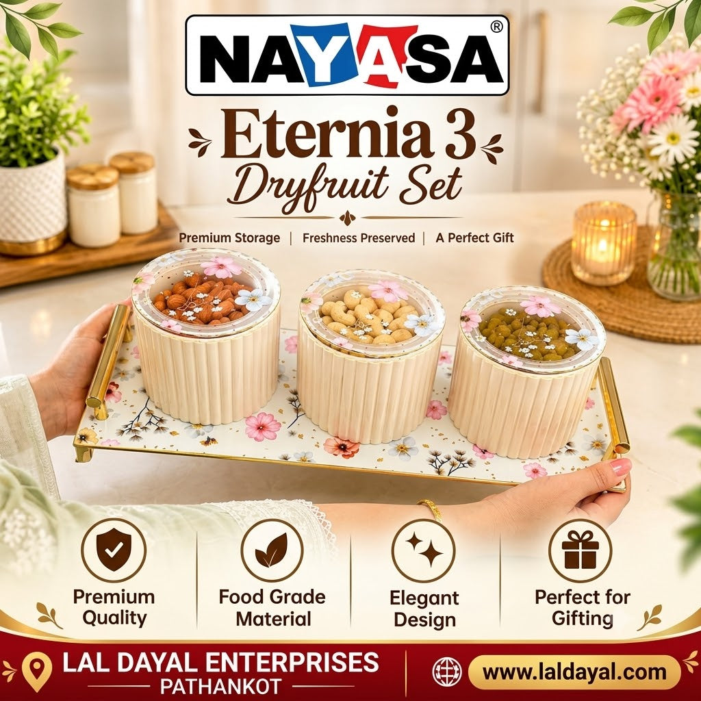 Nayasa Eternia 3 Dry Fruit Container Set with Floral Lids & Serving Tray, Set of 3
