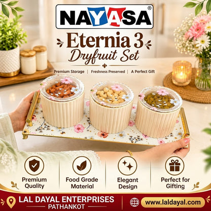Nayasa Eternia 3 Dry Fruit Container Set with Floral Lids & Serving Tray, Set of 3