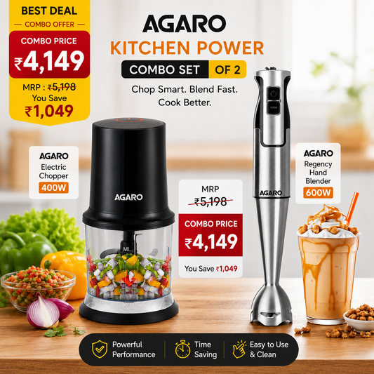 AGARO Kitchen Power Combo Set of 2 | 400W Electric Chopper & 600W Regency Regency Hand Blender (Black & Silver)