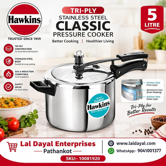Hawkins Tri-Ply Stainless Steel Classic Pressure Cooker, 5 Litre (SSTCL50) | Induction & Gas Compatible