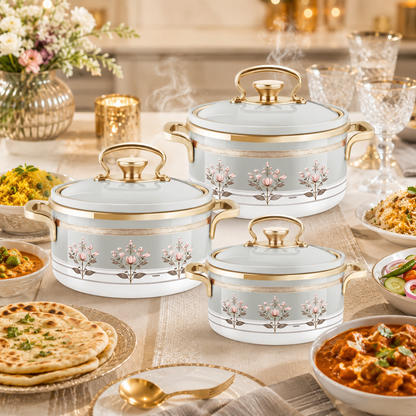 Rachel Premium 3-Piece Insulated Casserole Set (1000ml, 1500ml, 2000ml) – Double Walled Stainless Steel Hot Pot for Roti & Curries