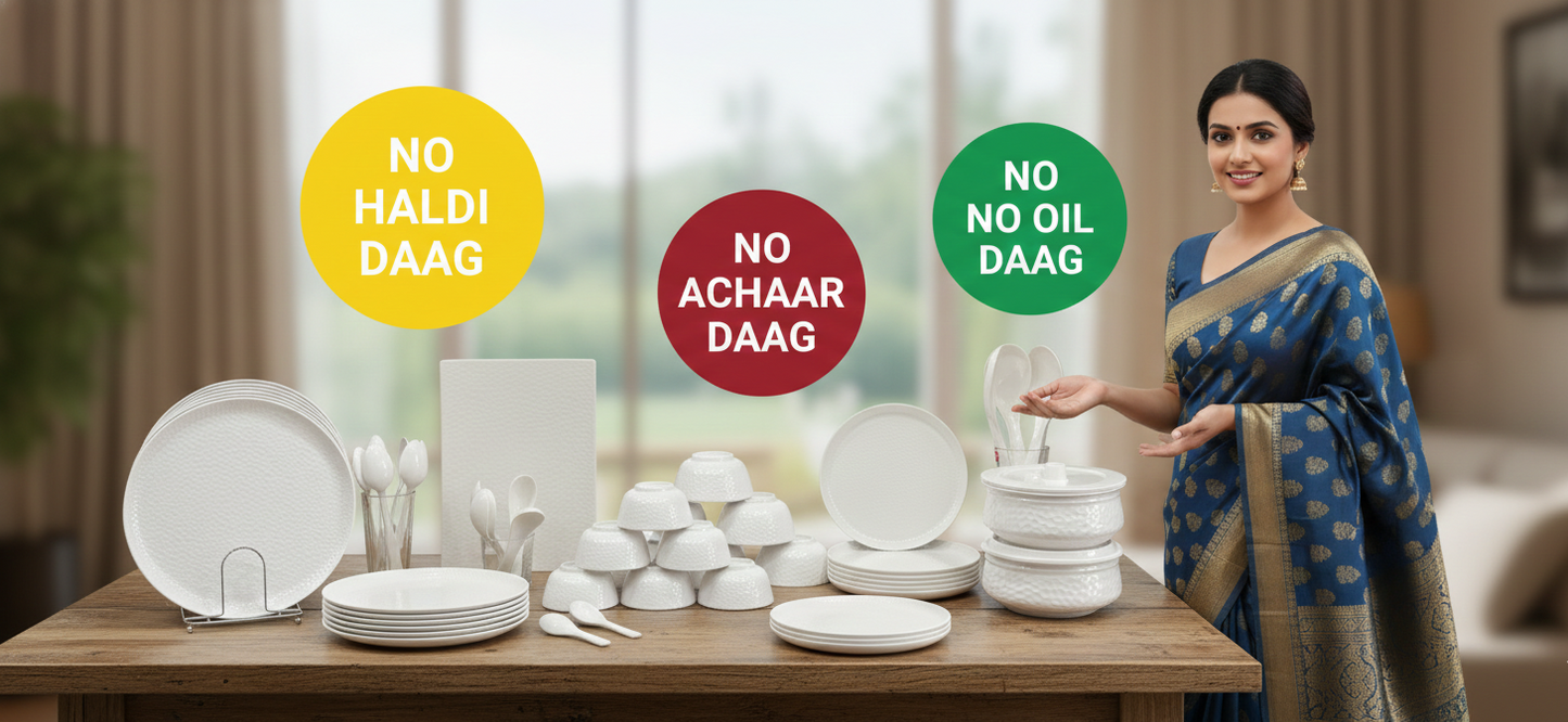 Premium White Hammered Dinner Set | 44 Pieces Complete Crockery Set | Includes Full & Half Plates, Bowls, Rice Platter, Serving Handis with Lids & Spoons | Stain Resistant | Ideal for Home & Gifting
