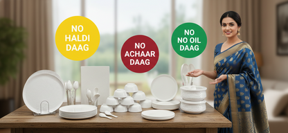 Premium White Hammered Dinner Set | 44 Pieces Complete Crockery Set | Includes Full & Half Plates, Bowls, Rice Platter, Serving Handis with Lids & Spoons | Stain Resistant | Ideal for Home & Gifting