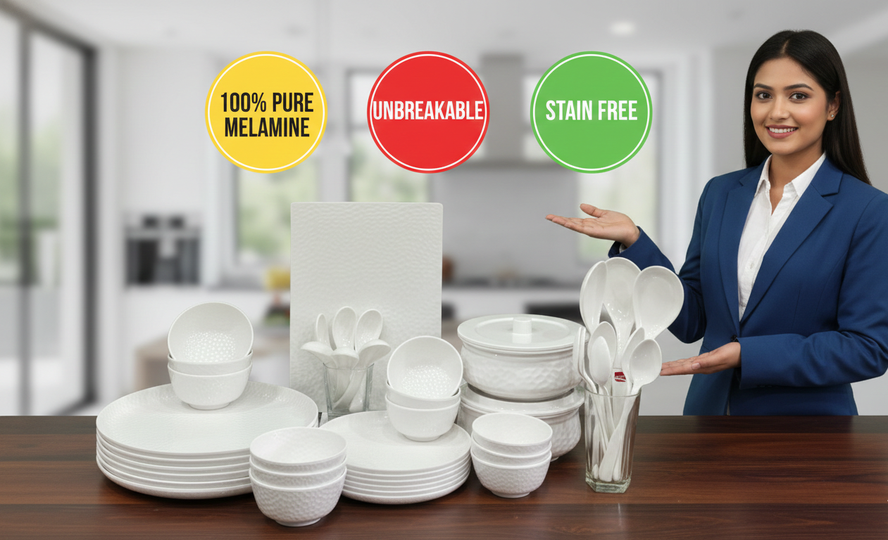 Premium White Hammered Dinner Set | 44 Pieces Complete Crockery Set | Includes Full & Half Plates, Bowls, Rice Platter, Serving Handis with Lids & Spoons | Stain Resistant | Ideal for Home & Gifting