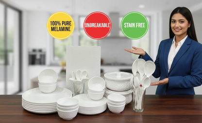 Premium White Hammered Dinner Set | 44 Pieces Complete Crockery Set | Includes Full & Half Plates, Bowls, Rice Platter, Serving Handis with Lids & Spoons | Stain Resistant | Ideal for Home & Gifting