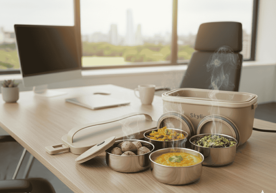 Amaaazing Skyline Electric Portable Lunch Box with 4 Stainless Steel Containers – Self-Heating Tiffin for Office & Travel 10081782AAAAA