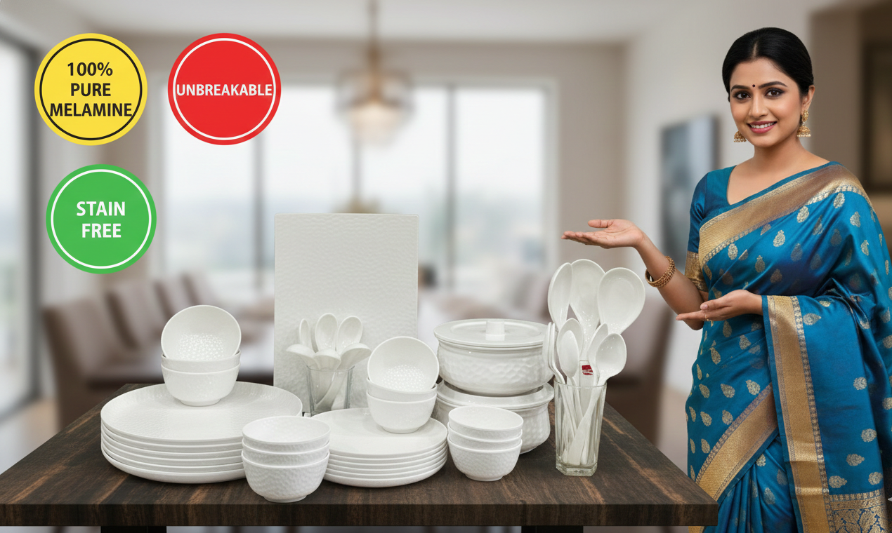 Premium White Hammered Dinner Set | 44 Pieces Complete Crockery Set | Includes Full & Half Plates, Bowls, Rice Platter, Serving Handis with Lids & Spoons | Stain Resistant | Ideal for Home & Gifting
