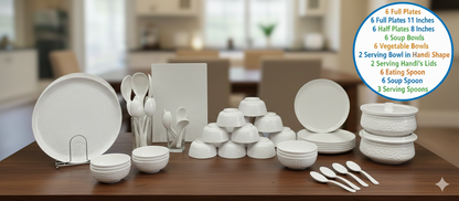Premium White Hammered Dinner Set | 44 Pieces Complete Crockery Set | Includes Full & Half Plates, Bowls, Rice Platter, Serving Handis with Lids & Spoons | Stain Resistant | Ideal for Home & Gifting
