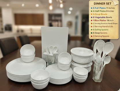 Premium White Hammered Dinner Set | 44 Pieces Complete Crockery Set | Includes Full & Half Plates, Bowls, Rice Platter, Serving Handis with Lids & Spoons | Stain Resistant | Ideal for Home & Gifting