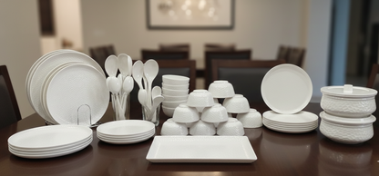 Premium White Hammered Dinner Set | 44 Pieces Complete Crockery Set | Includes Full & Half Plates, Bowls, Rice Platter, Serving Handis with Lids & Spoons | Stain Resistant | Ideal for Home & Gifting