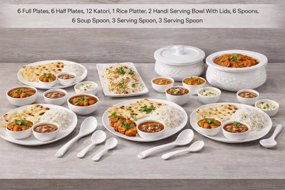 Premium White Hammered Dinner Set | 44 Pieces Complete Crockery Set | Includes Full & Half Plates, Bowls, Rice Platter, Serving Handis with Lids & Spoons | Stain Resistant | Ideal for Home & Gifting