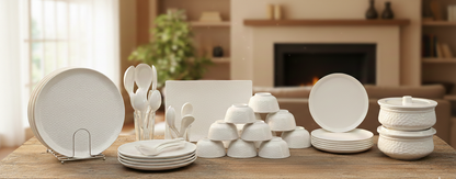Premium White Hammered Dinner Set | 44 Pieces Complete Crockery Set | Includes Full & Half Plates, Bowls, Rice Platter, Serving Handis with Lids & Spoons | Stain Resistant | Ideal for Home & Gifting