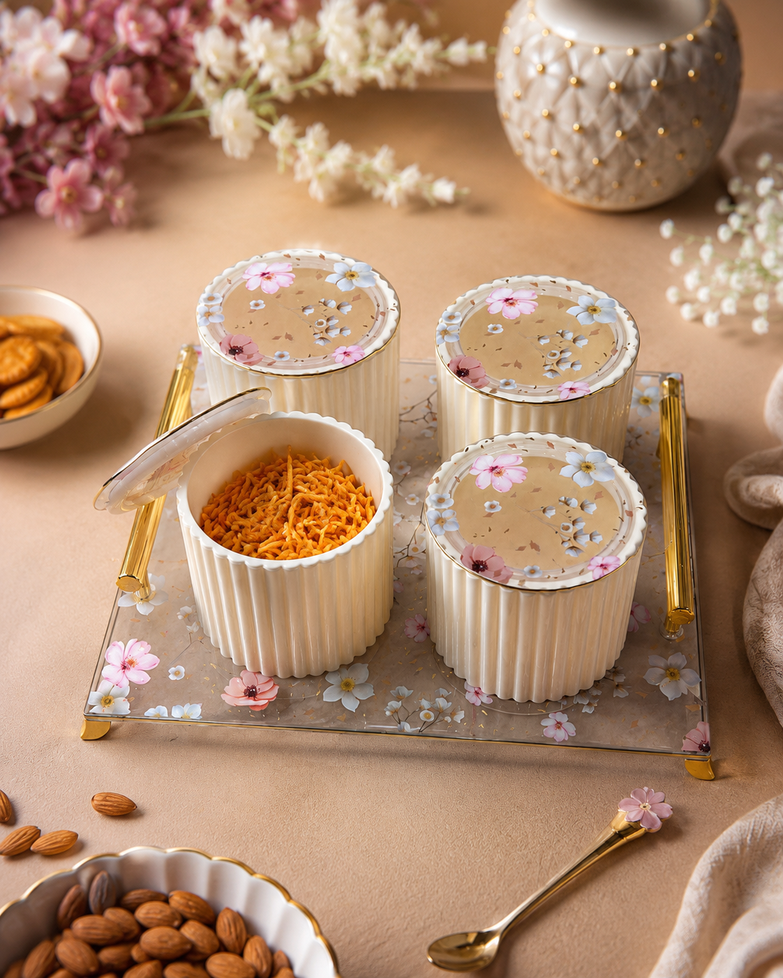 Nayasa Eternia 4-Piece Dry Fruit Set with Tray – Elegant Floral Storage Jars
