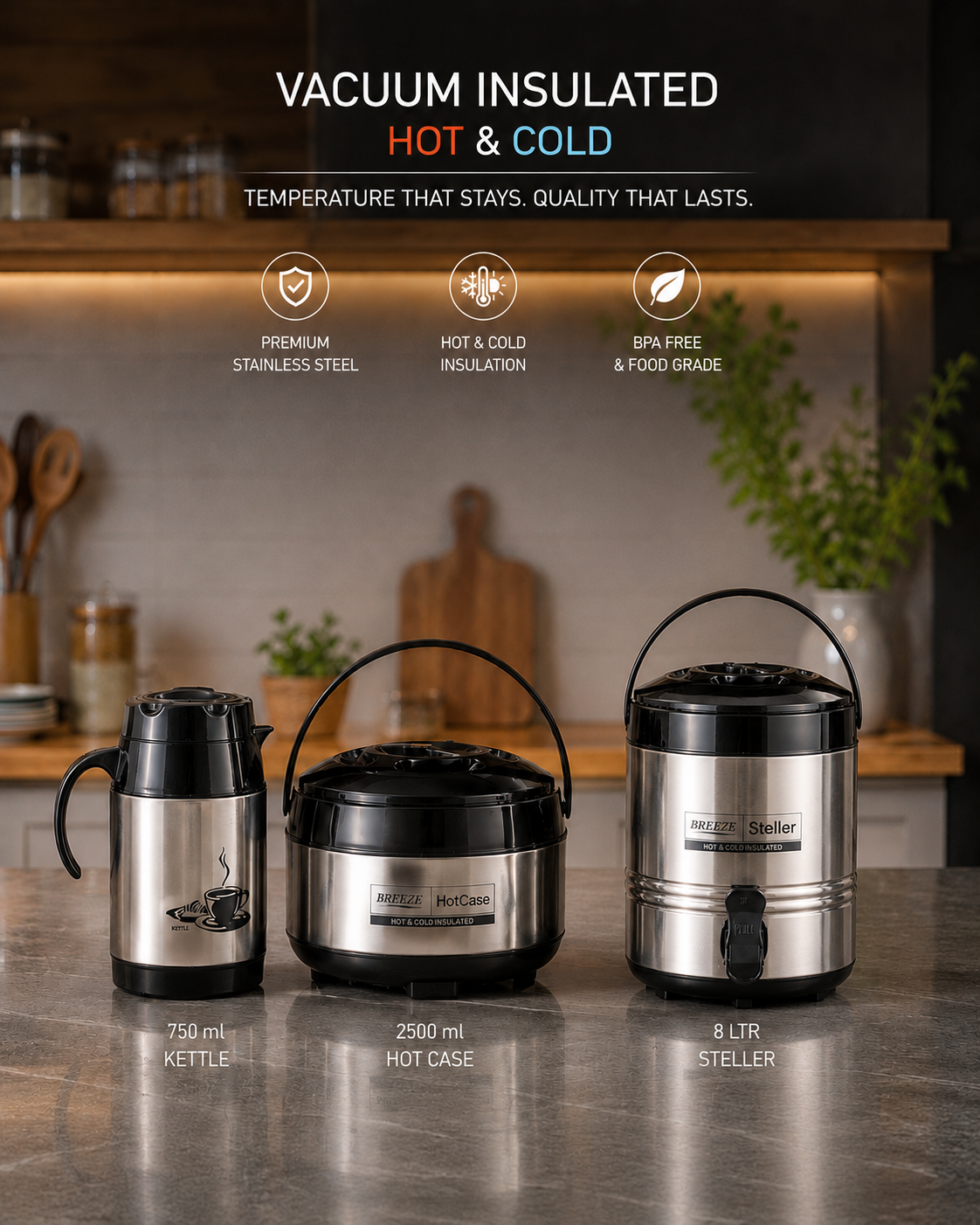 Breeze Real Deluxe Stainless Steel Combo Pack of 3 | Vacuum Insulated Hot & Cold Set (750ml Kettle, 2500ml HotCase, 8L Steller Water Dispenser)