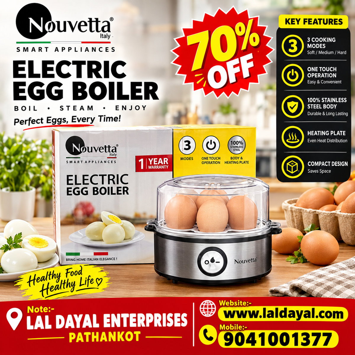 Nouvetta Italy 360W Electric Egg Boiler - Instant 7 Egg Cooker with Stainless Steel Heating Plate & Auto Shut-Off
