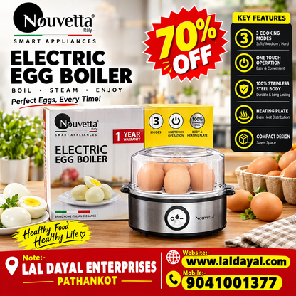 Nouvetta Italy 360W Electric Egg Boiler - Instant 7 Egg Cooker with Stainless Steel Heating Plate & Auto Shut-Off