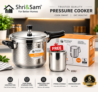 Shri & Sam Tri-Ply Stainless Steel 3L Outer Lid Hammered Pressure Cooker