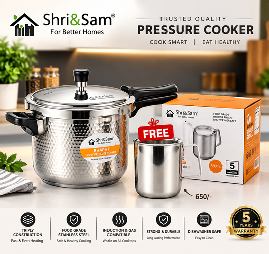 Shri & Sam Tri-Ply Stainless Steel 3L Outer Lid Hammered Pressure Cooker
