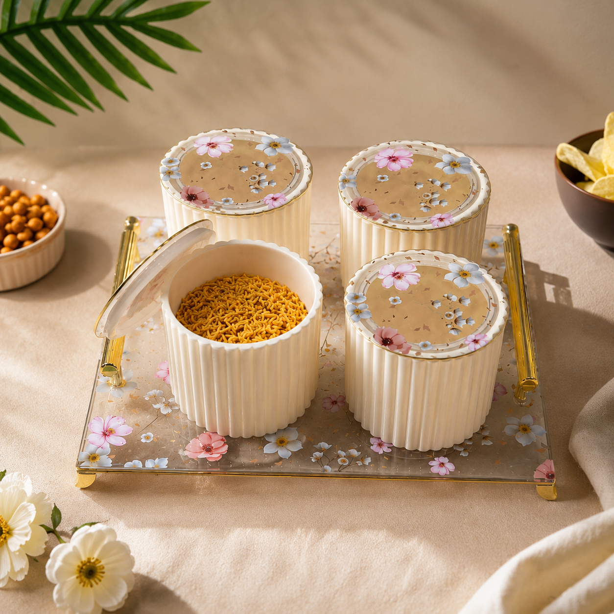 Nayasa Eternia 4-Piece Dry Fruit Set with Tray – Elegant Floral Storage Jars