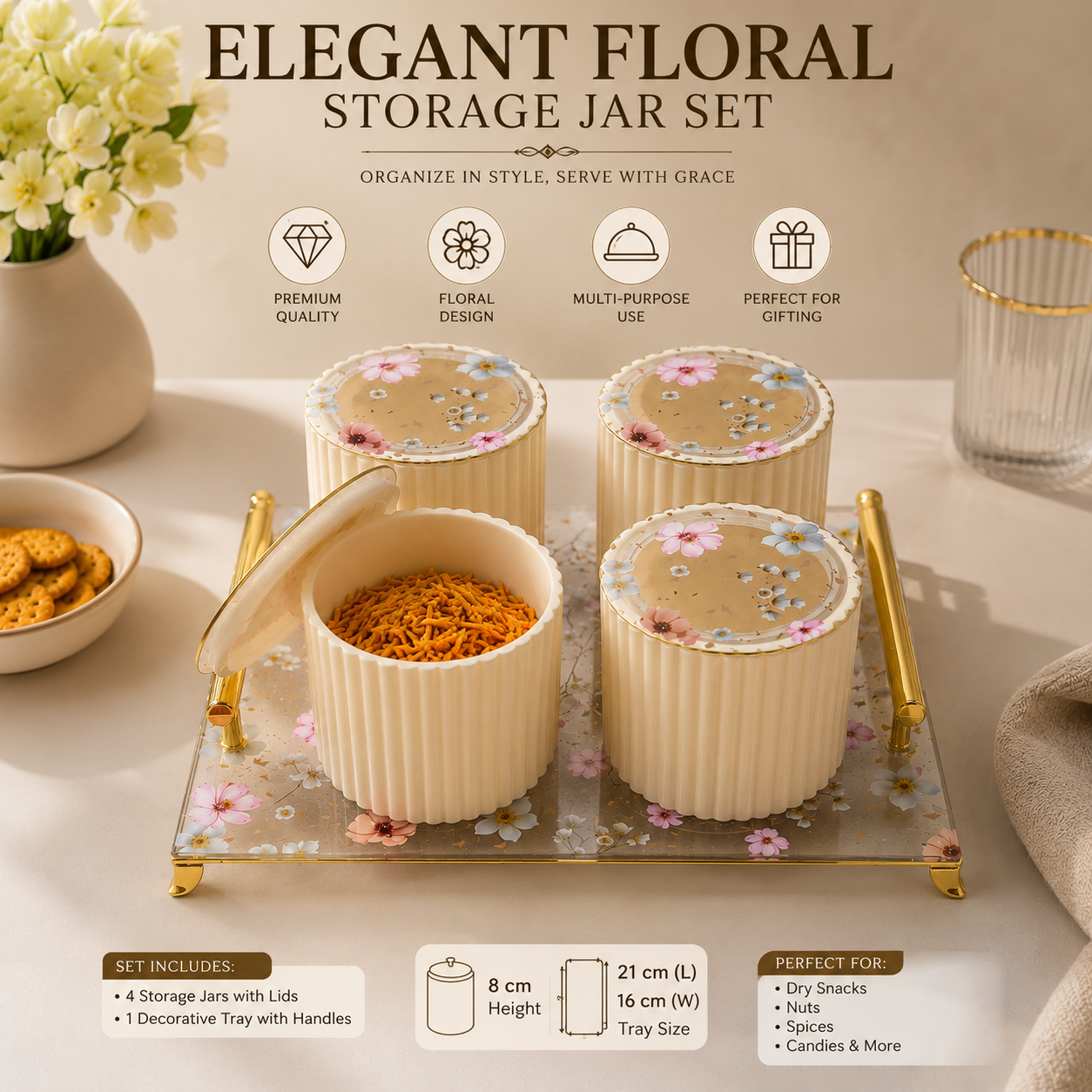 Nayasa Eternia 4-Piece Dry Fruit Set with Tray – Elegant Floral Storage Jars