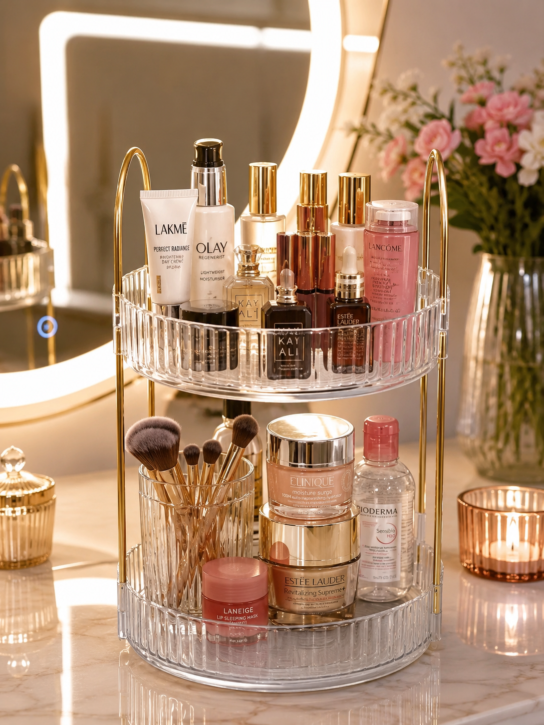 Acralic 2-Tier Revolving Kitchen & Makeup Organizer - Clear Acrylic Lazy Susan with Gold Finish Handles, Round Spinning Spice Rack, Perfume & Skincare Display