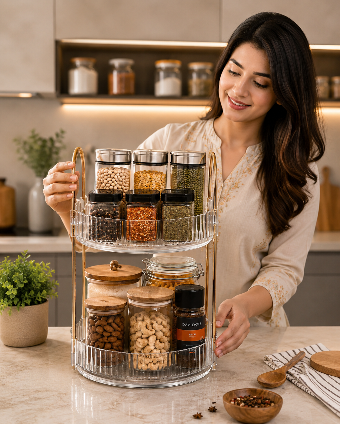 Acralic 2-Tier Revolving Kitchen & Makeup Organizer - Clear Acrylic Lazy Susan with Gold Finish Handles, Round Spinning Spice Rack, Perfume & Skincare Display