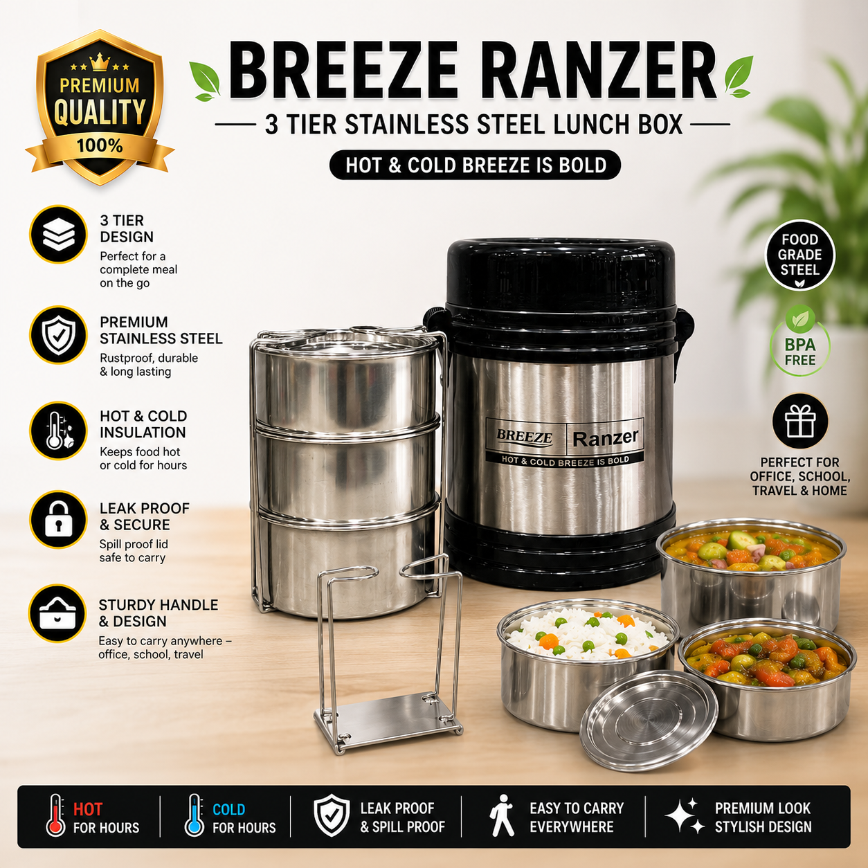 Breeze Ranzer Premium 3-Tier Stainless Steel Lunch Box | 900ml Vacuum Insulated Tiffin Box (Hot & Cold)