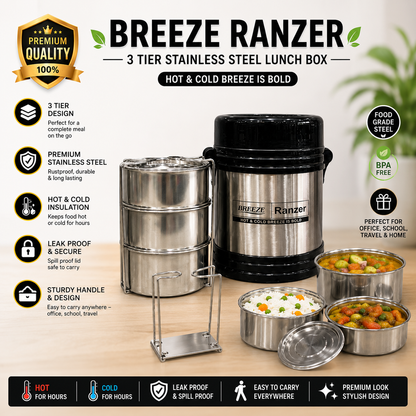 Breeze Ranzer Premium 3-Tier Stainless Steel Lunch Box | 900ml Vacuum Insulated Tiffin Box (Hot & Cold)