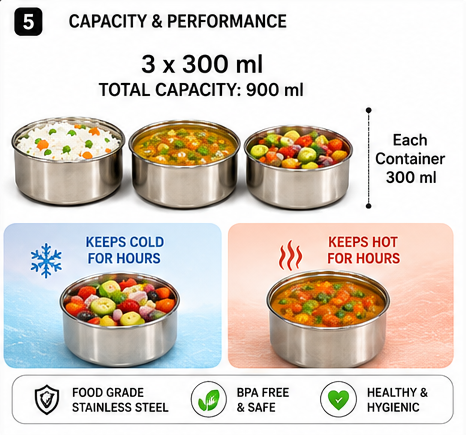 Breeze Ranzer Premium 3-Tier Stainless Steel Lunch Box | 900ml Vacuum Insulated Tiffin Box (Hot & Cold)