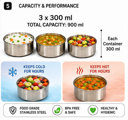 Breeze Ranzer Premium 3-Tier Stainless Steel Lunch Box | 900ml Vacuum Insulated Tiffin Box (Hot & Cold)