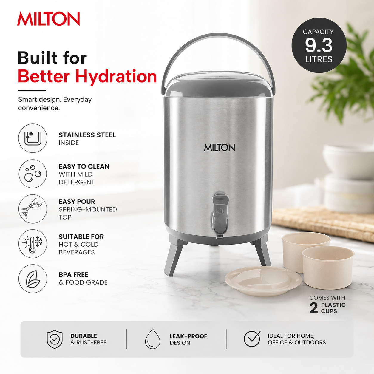 Milton 9.3L Stainless Steel Hot & Cold Water Jug – Leak-Proof Travel Camper