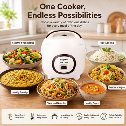 Skyline VTL-901 Electric Rice Cooker (1.2 Litre, 400 Watts) | Detachable Aluminium Bowl & Automatic Warm Function