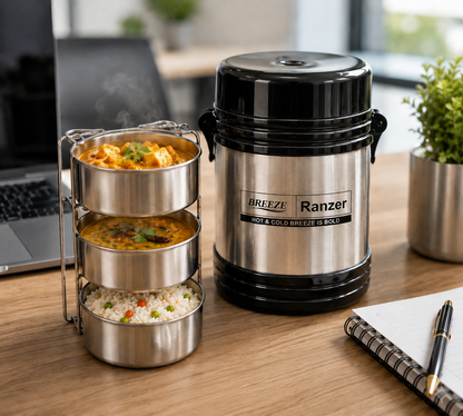 Breeze Ranzer Premium 3-Tier Stainless Steel Lunch Box | 900ml Vacuum Insulated Tiffin Box (Hot & Cold)